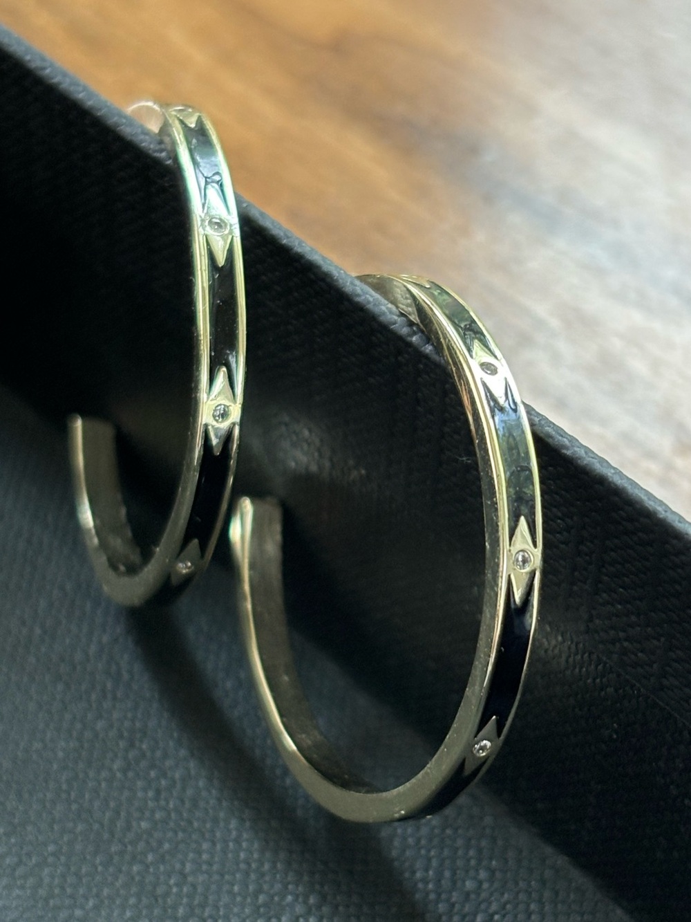 Gold-Tone Black Enamel Hoop Earrings with Accent Stones
